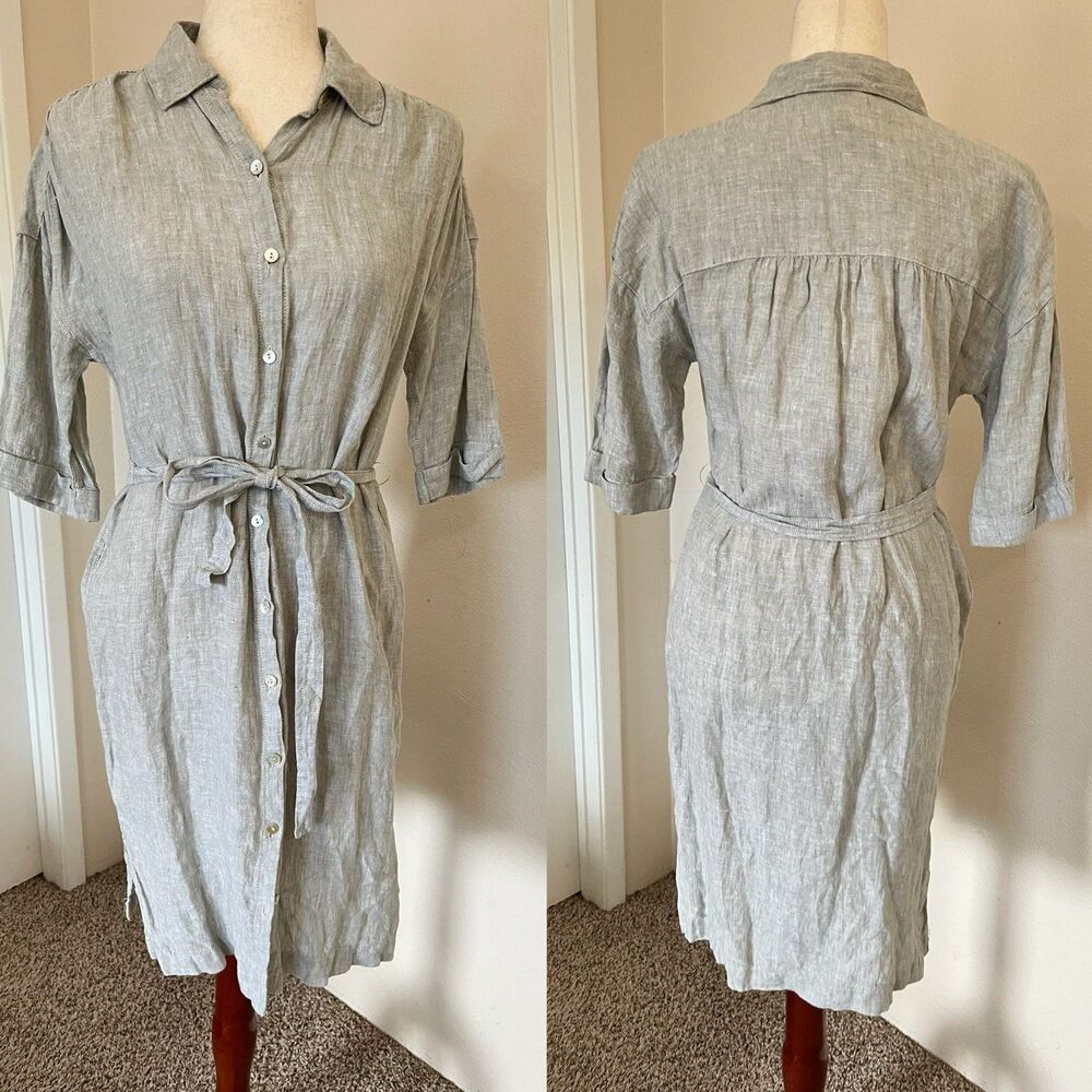 Tahari Linen Shirt Dress Size XS Fit S Button Front Shift Pockets Gray W/Belt